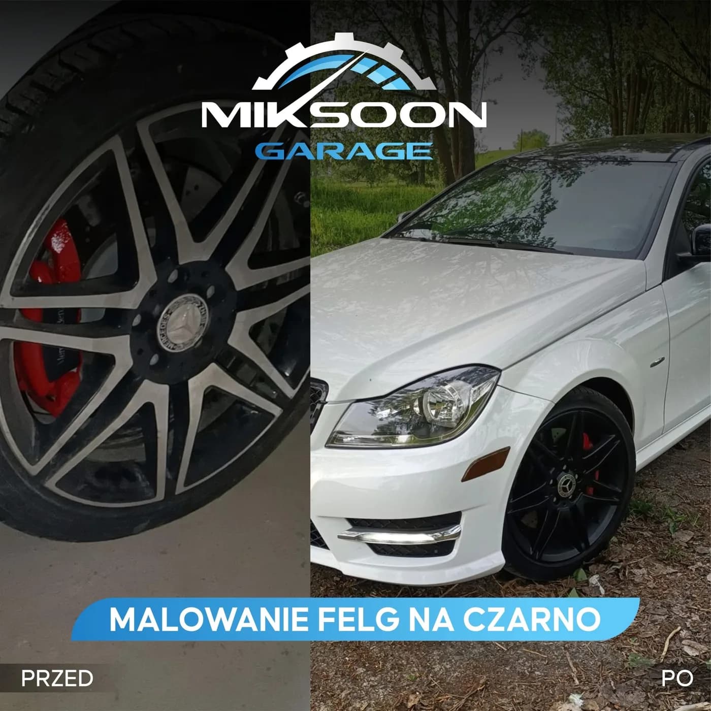 Mercedes klasy C przed i po malowaniu felg na czarno