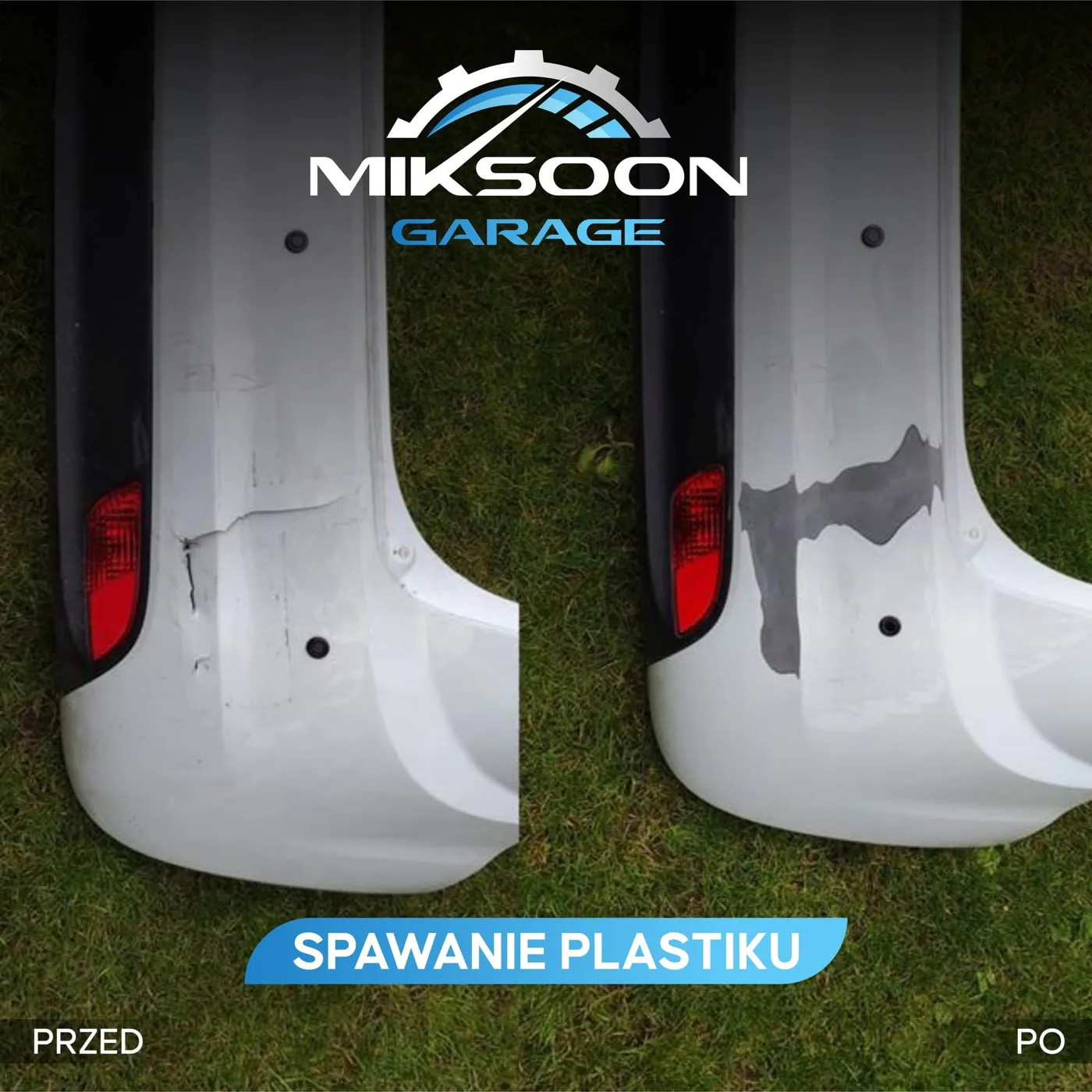 Pęknięty tylny zderzak przed i po spawaniu plastiku